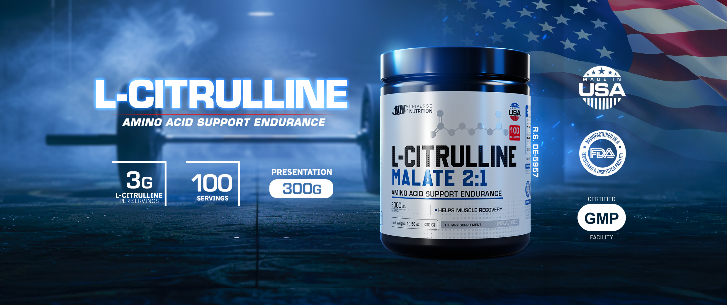 L-Citrulline Malate 2:1 de Universe Nutrition, suplemento de L-citrulina de 300 g para rendimiento y resistencia