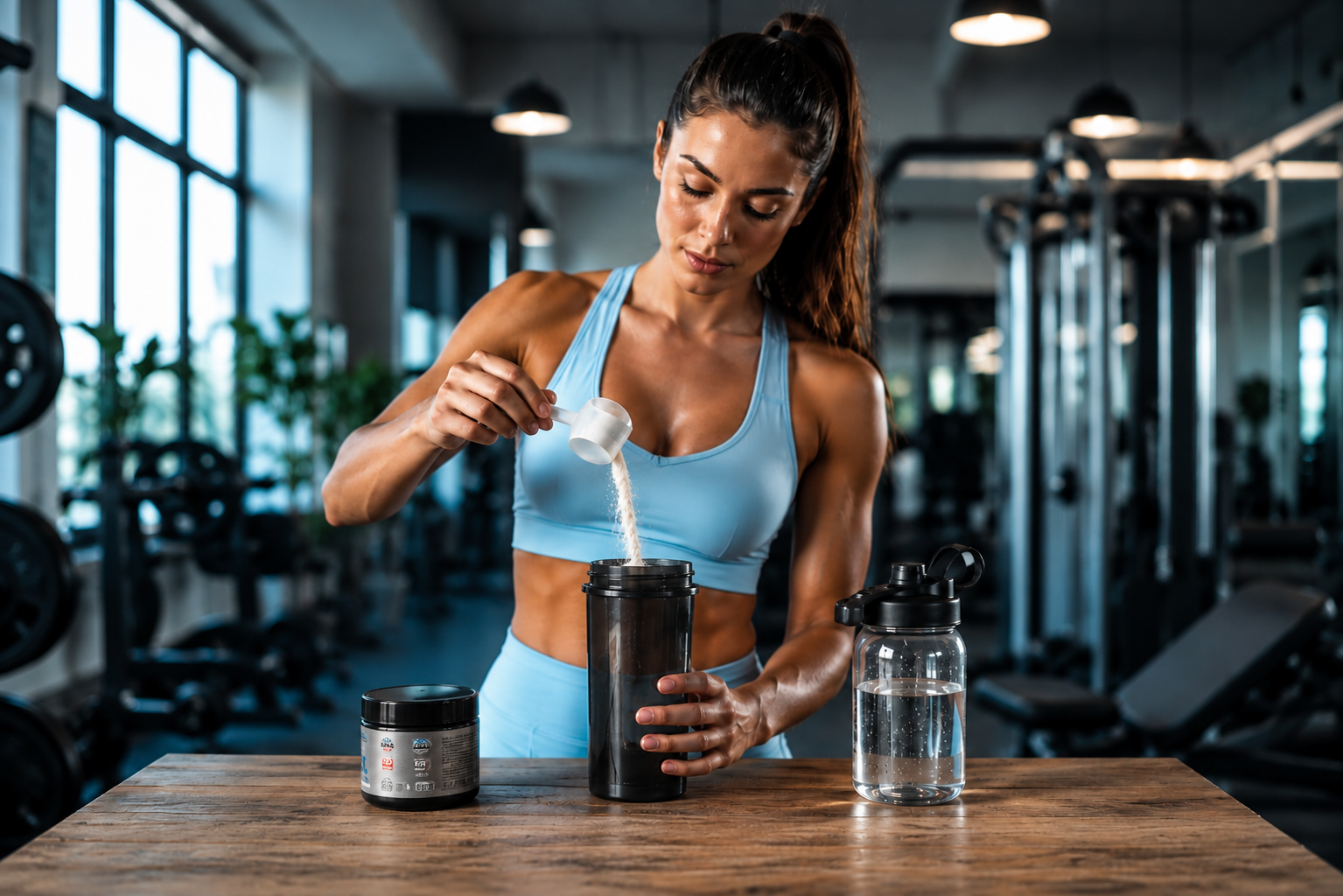 Mujer preparando beta alanina de UN en shaker antes de entrenar