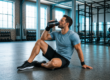 Deportista tomando una bebida con aminoácidos BCAA durante una pausa en el gimnasio