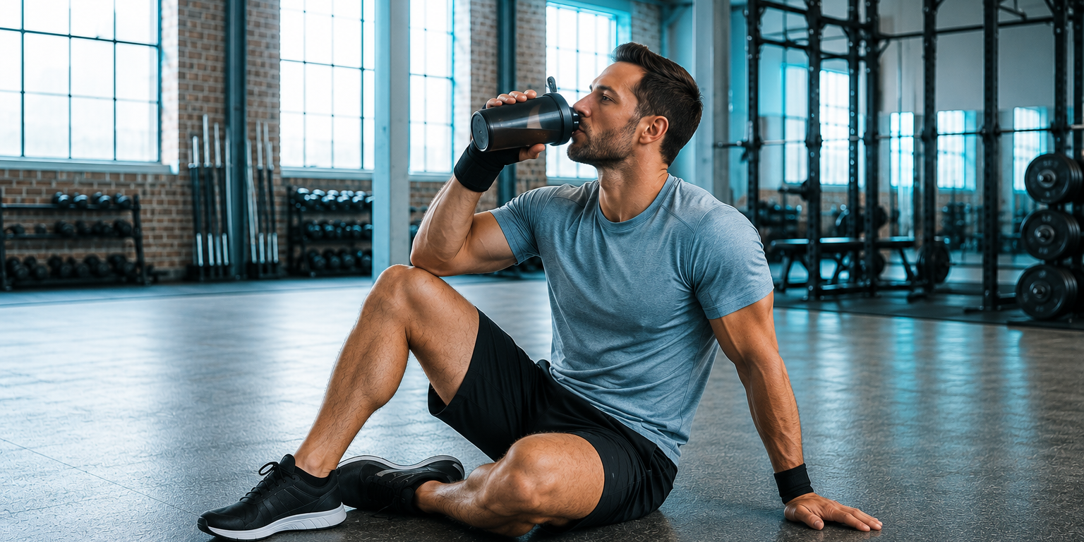Consumo de BCAA durante el entrenamiento Deportista tomando una bebida con aminoácidos BCAA durante una pausa en el gimnasio