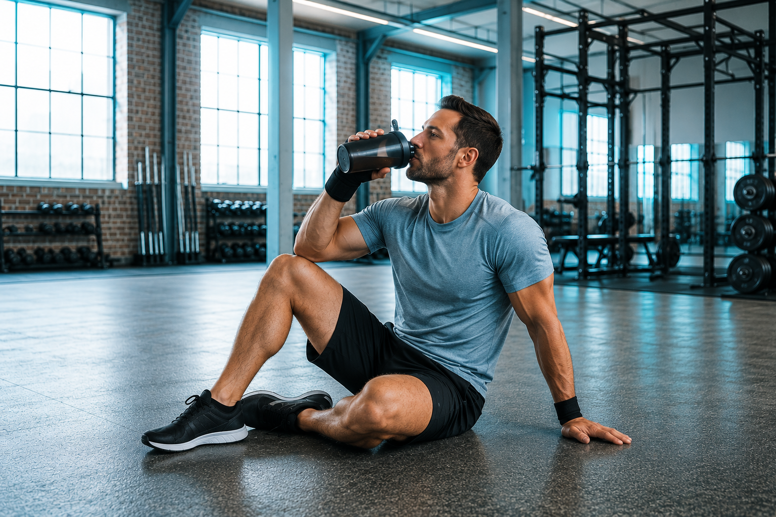 Deportista tomando una bebida con aminoácidos BCAA durante una pausa en el gimnasio